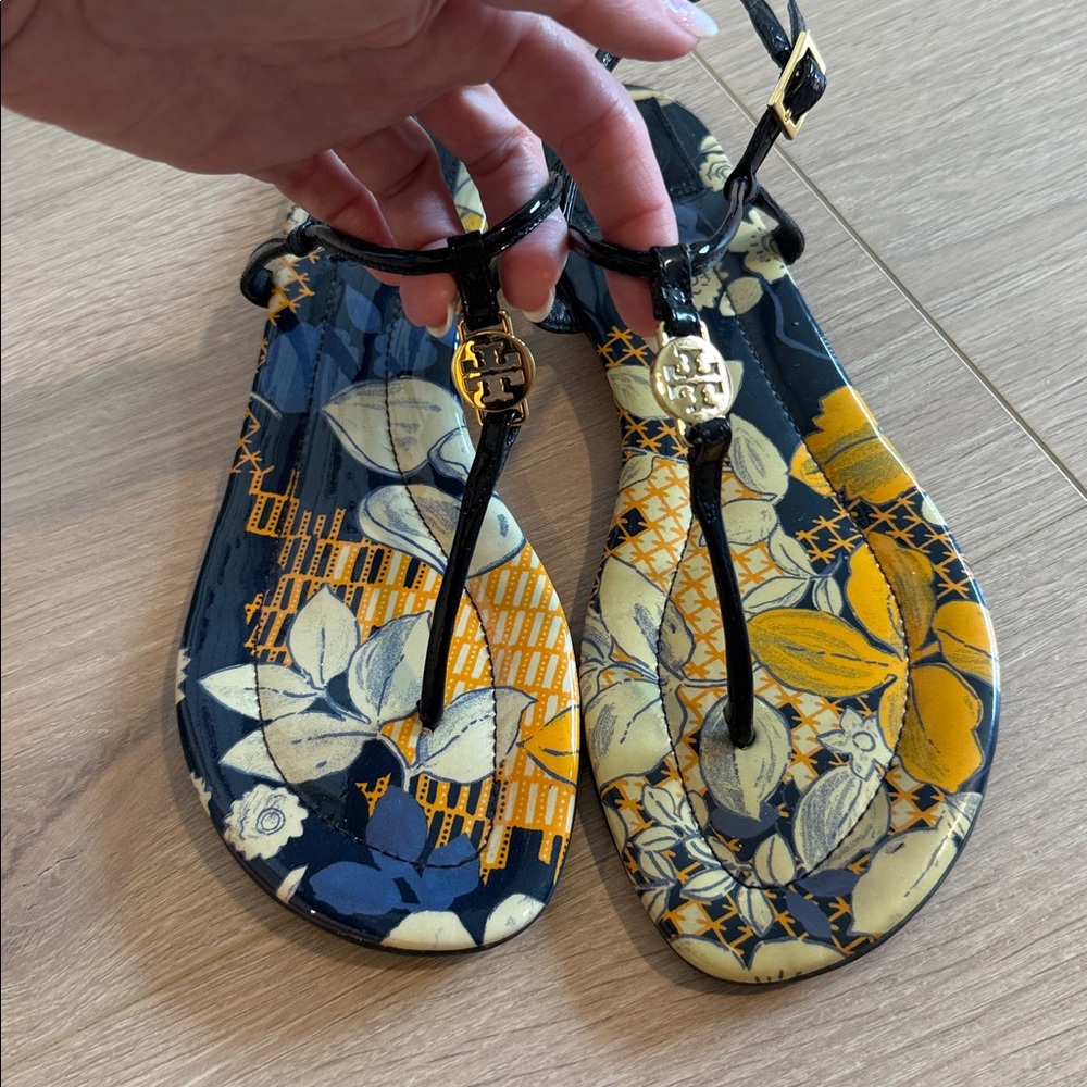 Tory Burch Floral Black and Yellow Sandals